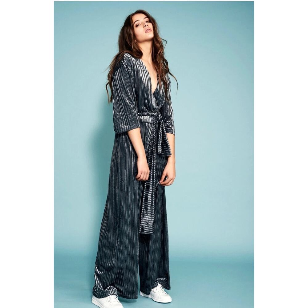 Zara Velvet Ribbed Wide Leg Jumpsuit Size S Small Slate Gray